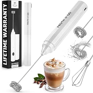 Zulay Kitchen Powerful Rechargeable Milk Frother with Case - Froth N Go Compact Handheld Foam Maker for Lattes - Travel Electric Whisk Drink Mixer for Coffee - 3 Whisk Attachments - White