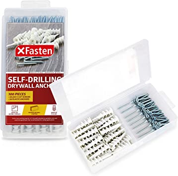 XFasten Plastic Self Drilling Drywall Anchors with Screws Kit (100 Pieces), Plastic Hollow Wall Anchors with Screws for Wood, Drywall, Masonry