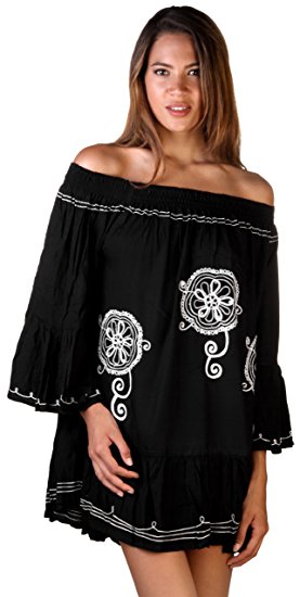 Back From Bali Womens Tunic Dress Top Off The Shoulder Embroidery Trumpet Sleeve