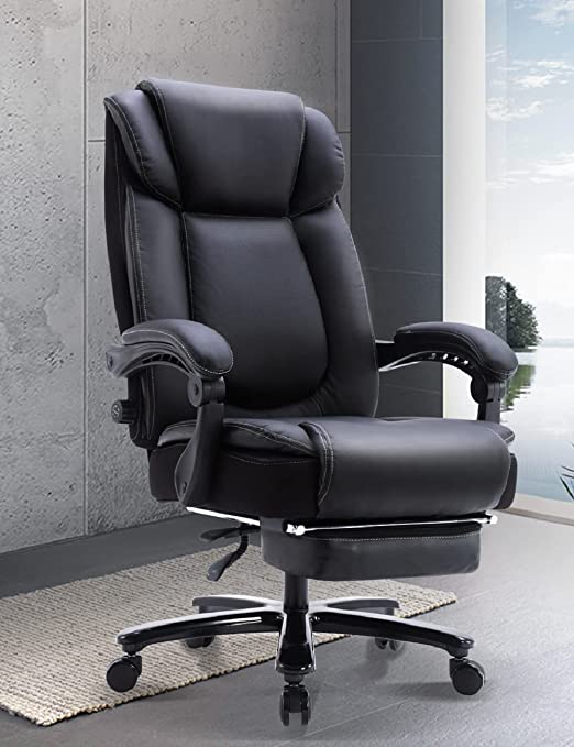 Ergonomic Executive Office Chair with Footrest Big and Tall Managerial Reclining Chairs Leather Computer Desk Task Chair High Back Recliner Chair with Padded Armrests (with Footrest, Black/Noir)