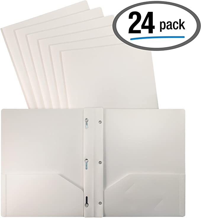 Better Office Products White Plastic 2 Pocket Folders with Prongs, 24 Pack, Heavyweight, Letter Size Poly Folders with 3 Metal Prongs Fastener Clips, White