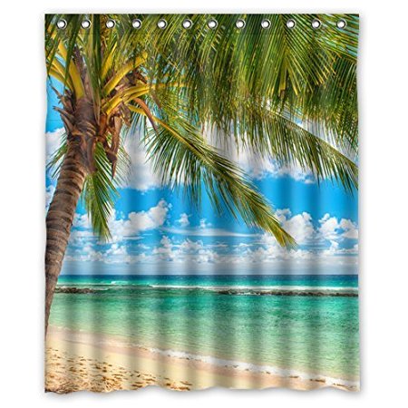 Summer Beach Blue Sea Palm Tree Waterproof Polyester Fabric Bathroom Shower Curtain with 12 Hooks 60"(w) x 72"(h)- Bathroom Decor