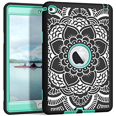 iPad mini 4 Case A1538/A1550, Hocase Rugged Hybrid Double Layer Shockproof Protective Hard Rubber Case for Apple iPad mini 4 Retina - Flower / Aqua