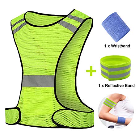 RAINYEAR Hi Vis Vest Reflective Adjustable Gear with Safety Reflector Band Tape Arm Band Wrist Sweatband,for Women Men Safety Sports Night Running Walking Cycling Jogging(1 Vest 1 Armband 1 Wristband)
