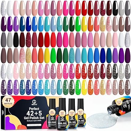 MEFA 47PCS Gel Nail Polish Kit, 42 Colors All Seasons Collection Halloween White Nude Pink Colorful Gel Polish Set with 5Pcs Top and Base Coat Primer Manicure Art Home Salon 7ML Gifts for Women Girls
