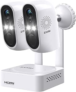 ZOSI 2K 8CH Security Camera Wireless Outdoor Home System, 2pcs 3MP Wire-Free Outdoor Battery Powered Cameras, Night Vision, 2 Way Audio, Spotlight Siren, Motion Alert, No Subscription, 64GB SD Card