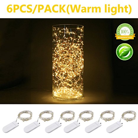 Pack of 6 Sets 7.2Ft(2.2m)/20LEDs Starry String Lights CR2032 Micro Starry Leds on Silvery Copper Wire,2pcs Batteries Required and Included, For DIY Wedding Centerpiece or Table Decorations (6, warm white)