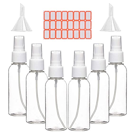Spray Bottles, 2oz/50ml Clear Empty Fine Mist Plastic Mini Travel Bottle Set, Small Refillable Liquid Containers with 2pcs Funnels and 24pcs Labels