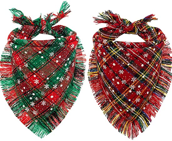 CHERPET Christmas Dog Bandana - Cute Plaid Snowflake Tassel Scarf Triangle Bibs Kerchief Holiday Accessories Soft Comfort Fit Small Medium Large Girl & Boy Dogs Puppies Pets,Green & Red
