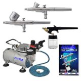Master Airbrush Brand Multi-purpose Professional Airbrushing System with 3 Airbrushes G22 Gravity Feed G25 Gravity Feed and E91 All Purpose Airbrushes Airbrush Compressor 6 Air Hose and Airbrush Holder All with Our 1 Year Warranty and Now Includes a FREE How to Airbrush Training Book to Get You Started