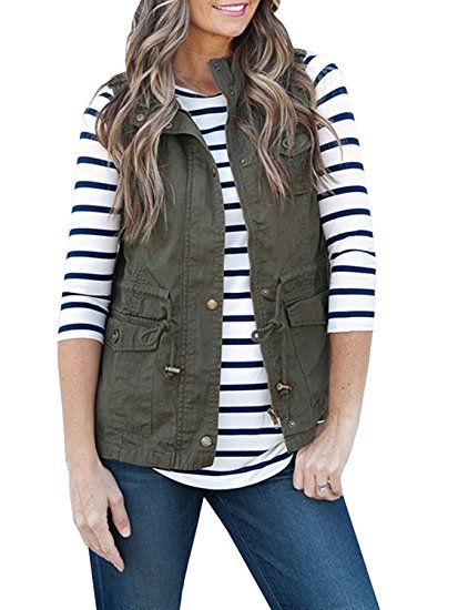 ThusFar Women's Lightweight Sleeveless Drawstring Military Anorak Jacket Vest With Zipper