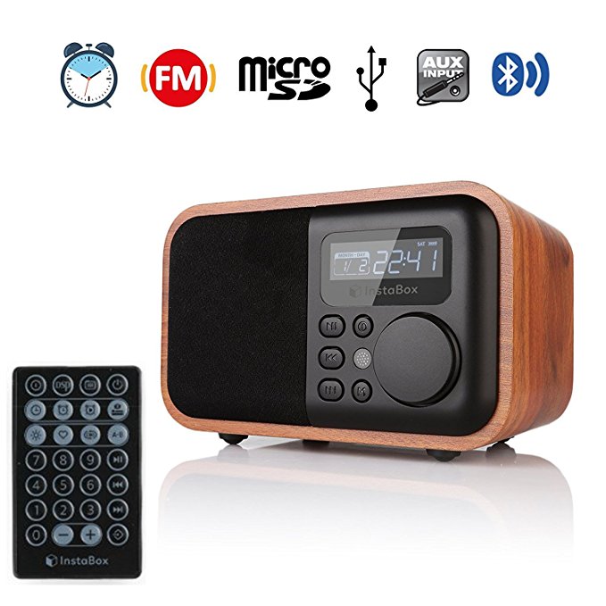 InstaBox i90 Upgraded Version Wooden Digital Multi-Functional Speaker with Bluetooth FM Radio Alarm Clock MP3 Player, Supports Micro SD/TF Card and USB with Remote Control, Brown Wood