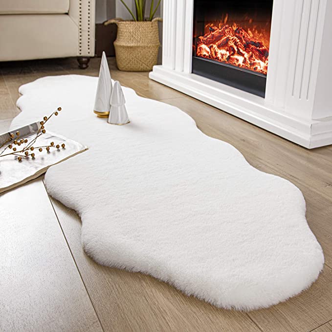 Ashler Ultra Soft Faux Rabbit Fur Chair Couch Cover Area Rug for Bedroom Floor Sofa Living Room White 2 x 6 Feet