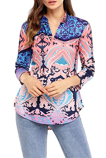 Dokotoo Womens Casual V Neck 3 4 Sleeve Floral Print Blouses And Tops T -Shirts