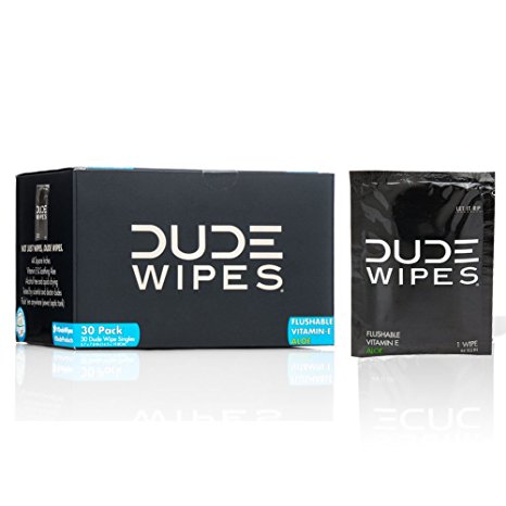 DUDE Wipes Flushable Single Wipes For Travel, Unscented with Vitamin-E & Aloe, 100% Biodegradable (30 Individually Wrapped Wipes)