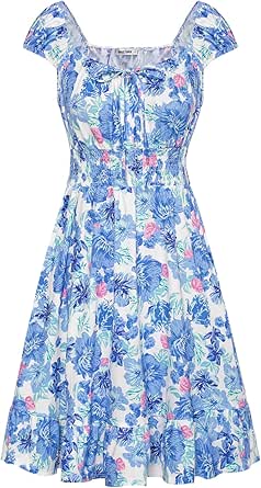 GRACE KARIN Women's Floral Dress 2024 Summer Cap Sleeve Smocked Flowy A Line Short Dress Boho Flared Swing Mini Dresses