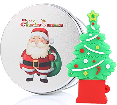Christmas Tree Santa Gift 32GB USB Flash Drive Memory Stick Data Storage Device & Metal Box Packing Novelty Present
