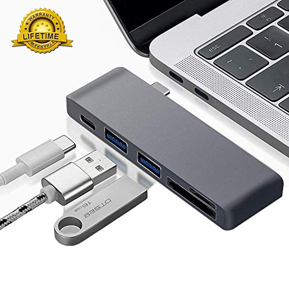 USB C Hub, USB Type c hub 5 in 1 Aluminum Thunderbolt 3 Type-C Hub Adapter Dongle Compatible 2016/2017/2018 MacBook Pro 13”15”, 2X USB 3.0,Type C Power Delivery,microSD/SD Card Reader (Space Gray)