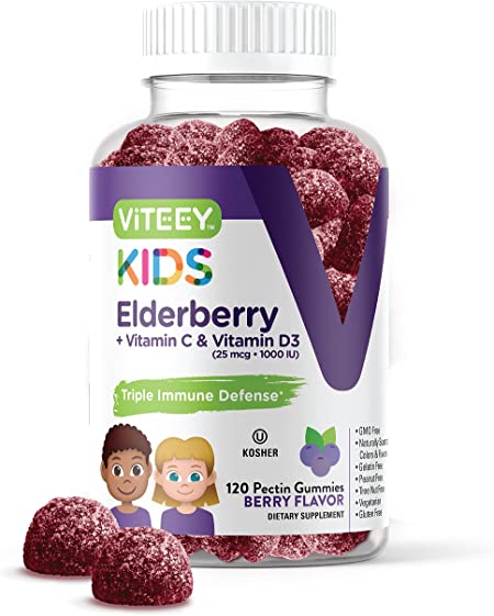 [120 Count] Sambucus Black Elderberry Gummies Formulated For Kids - Immune Booster Plus Vitamin C And Vitamin D - Herbal Dietary Supplements, Gelatin Free, Pectin Based - Berry Flavored Chewable Gummy