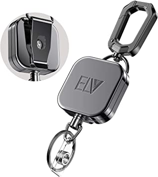 E LV Retractable ID Badge Holder | Heavy Duty Metal Body & Kevlar Cord | Carabiner Key Chain | Metal Keychain with Belt Clip and 24" Wire Extension | Hold Up to 15 Keys and Tools