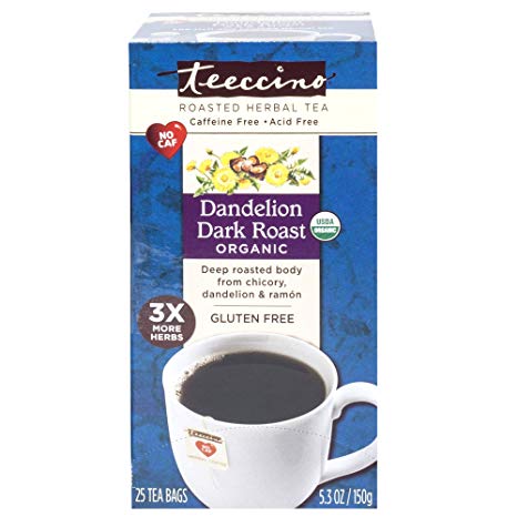 Teeccino Organic Dandelion Dark Roast Chicory Herbal Tea Bags,Caffeine Free, Acid Free, Prebiotic Coffee Substitute, 25 Tea Bags