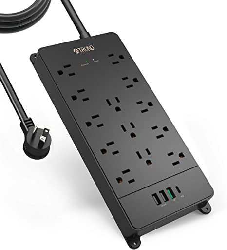 TROND USB C Power Strip Surge Protector, 10ft Long Extension Cord, 13 AC Outlets with 4 USB Ports, 20W Quick Charge 3.0 & USB C Power Delivery, 4000 Joules, Flat Plug, Wall Mount, Black