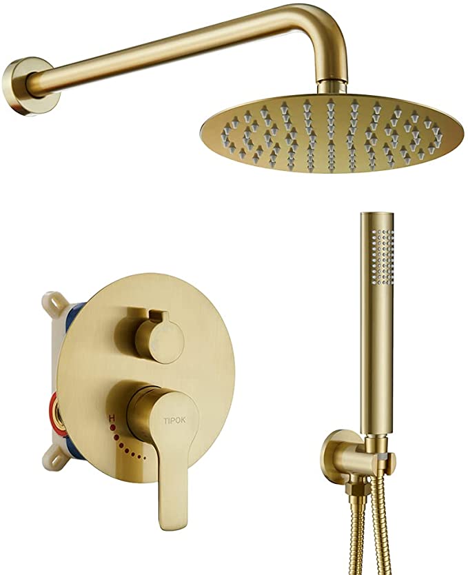 TIPOK Brushed Gold Shower System with 8 Inch Round Shower Head and Handheld, Rainfall Gold Shower Faucets Sets Complete, Gold Shower Head System Wall Mounted Brush Gold Shower Set for Bathroom