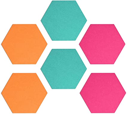 Navaris Hexagon Felt Board Tiles - Set of 6 Notice Memo Bulletin Boards with Push Pins Pack 5.9 x 7 inches (15 x 17.7 cm) - Turquoise, Orange, Pink