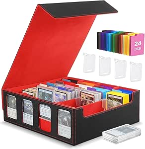 MoKo Card Storage Box for Trading Cards, 3000  MTG Deck Box with 24 Colorful Dividers & 4 Card Supporters, Commander Card Deck Case with Display Window, Fits for Magic Game Cards, YugiOh, Black Red