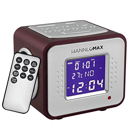 HANNLOMAX HX-113CR Wooden Mini MP3 Stereo System, Alarm Clock Radio, USB Port and SD Card Reader, Built-in Rechargeable Battery, Calendar and Thermometer, Remote Control (Bordeaux)
