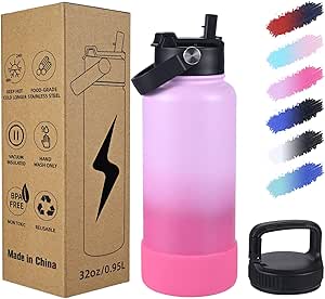 ColorSub 32oz Insulated Water Bottle with 2 Lids (Straw Chug and Handle Lid), Stainless Steel BPA Free Wide Mouth Sports Water Cup Flask, Kids Water Bottle for School Pink Rose