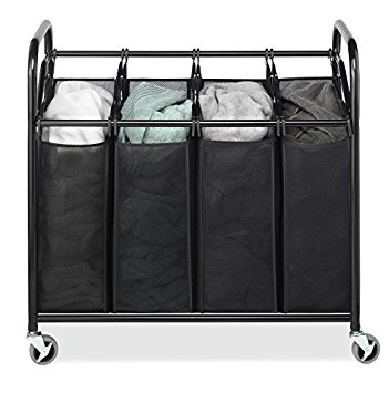 Whitmor 4-Section Laundry Sorter Cart-Heavy Duty, Durable Metal Frame & Handles – Large Hanging&nbsp;Bags with Plastic Grips, Laundry Room Hamper Organizer with Lockable Caster&nbsp;Wheels – 20 x36 x33”