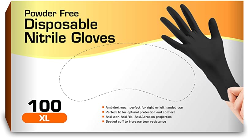 Nitrile Gloves, Disposable Gloves, Comfortable, Powder Free, Latex Free | 100 Pcs (Black, Extra Large)