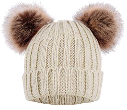 Jasmine Womens Winter Thick Cable Knit Fleece Lined Beanie Hat with Faux Fur Pompom Ears