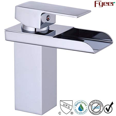 Fyeer Waterfall Style Bathroom Sink Faucet, Single Handle, Chrome Finish, Contemporary Design, Lead Free Certified, Hot & Cold Mixer, Easy Installation