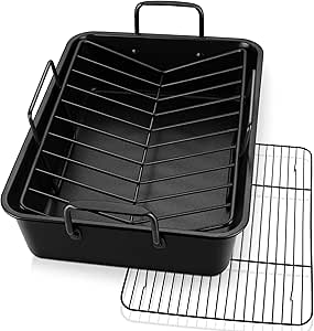 Large Roasting Pan with Rack Set of 3, P&P CHEF 16" Turkey Roaster Pan & V-shape Baking Rack & Cooling Rack for Chicken Rib Lasagna Cookie, Nonstick Coating & Stainless Steel Core, Sturdy & Healthy