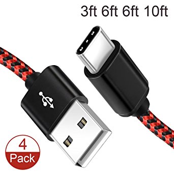 USB Type C Cable, XUZOU 4Pack 3ft/6ft/10ft Nylon Braided USB A to USB C Charger cord for Samsung Galaxy S8/ S8 Plus,Nexus 5X/6P,Huawei P9/ P10,LG G5/ G6,HTC 10,Macbook 12 inches & Macbook Pro 2016