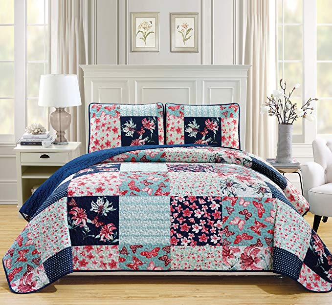Mk Collection 2pc Bedspread Coverlet Quilted Flower Butterfly Off White Navy Blue Teal Green Red Twin/Twin Extra Long Over Size 70" x 95" #Stella New