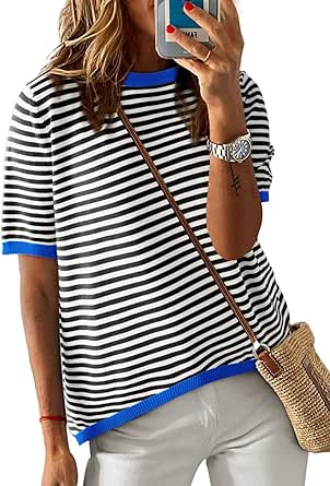 Dokotoo Womens Sweaters Casual Crewneck Short Sleeve Striped Color Block Knitted High Low Trendy Pullover Sweater Tops