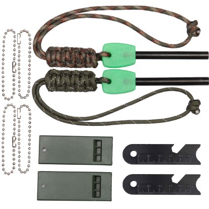 Dimples Excel 7 in 1 Magnesium Fire Starter with Luminous Green Handle, Mini Ruler, Bottle Opener, Serrated Edge,Rescue Whistle and Lanyard Woven by 40inches Paracord (2 Pack)