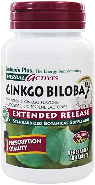 NaturesPlus Herbal Actives Ginkgo Biloba, Extended Release - 120 mg, 60 Vegan Tablets -Ginkgo Biloba Brain Support Supplement - Vegetarian, Gluten-Free - 60 Servings
