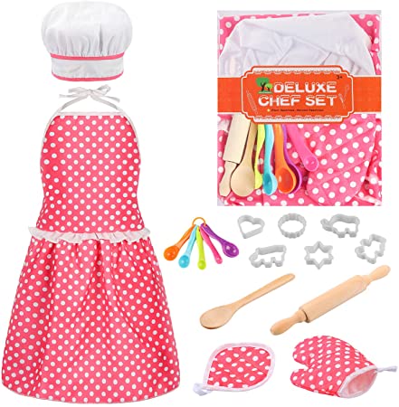 KKONES Kids Cooking Baking Set 18 Pcs, Kids Chef Role Play Costume Set - Chef Hat and Matching Pink Apron Children Dress up Pretend Gift for 3 4 5 6 7 8 Year Old Girls Toys