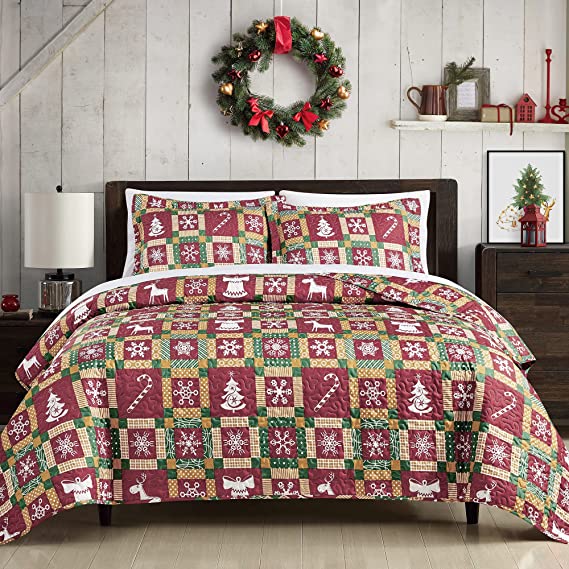 Love's cabin Queen Christmas Quilt Sets with Snow Reindeer Tree Pattern, Comforter Bedding Cover Soft Lightweight Bedspread Bed Decor Coverlet Sets for Winter(90"x96")