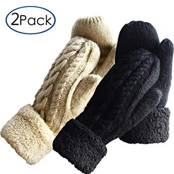 Women's Winter Gloves Warm Lining - Cozy Wool Knit Thick Gloves Mittens in 9 color