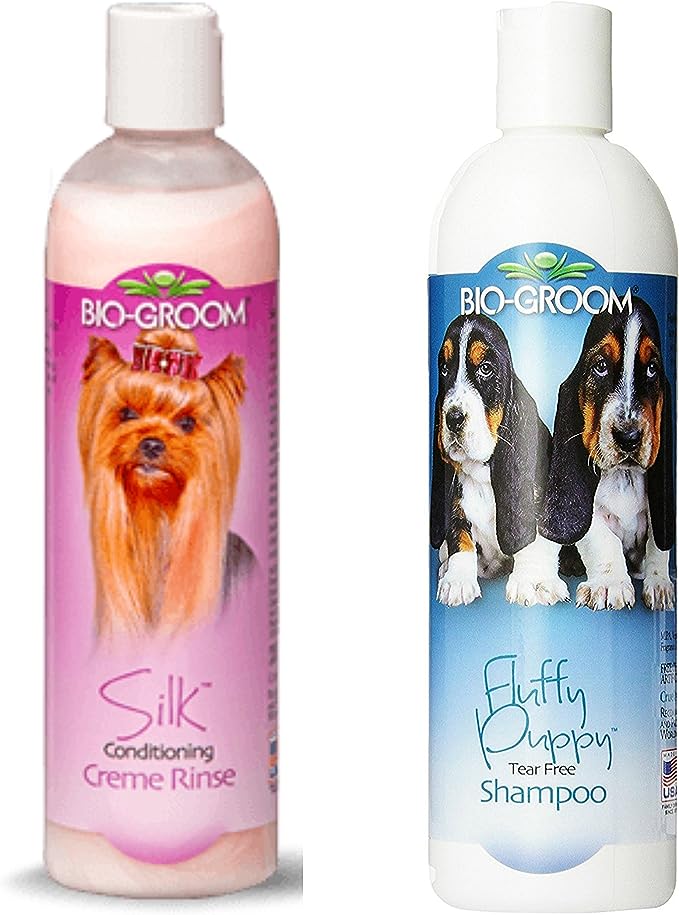 Bio-Groom Fluffy Puppy Tear Free Shampoo, 12 Ounces, and Bio-Groom Silk Conditioning Creme Rinse, 12 Ounces - Combo Pack for Dogs and Cats - 2 Items Total