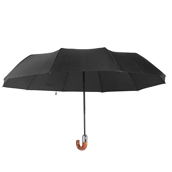 AREOK Umbrella Automatically Open and Close Waterproof Windproof Straight Umbrella 10-Rib Curved Handle Travel Umbrella (Black Brown)