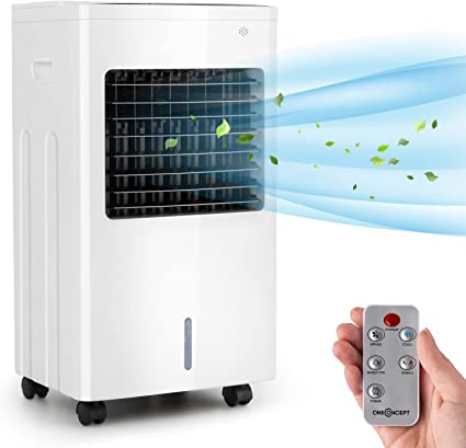 OneConcept 3-in-1 Air Cooling Unit w/Fan, Air Cooler, Humidifier I w/ 2 Cold Packs, 3 Modes, 3 Speeds, Oscillation, 7.5H Timer, 75 Watt, 8 Litre, 400 m³/h I Portable Air Conditioning Unit, White