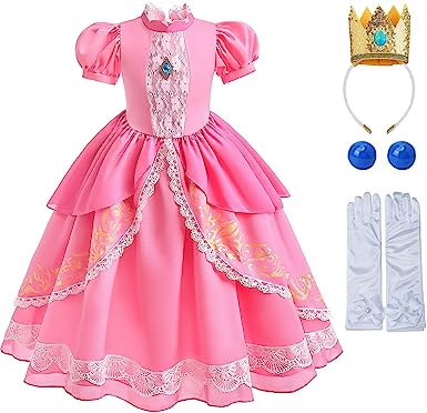 Szytypyl Super Princess Peach Costume, Kids Girls Peach Dress Pink Birthday Party Dress Up