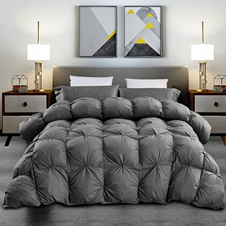 Luxurious Goose Down Feather Fiber Comforter Queen Size All-Season Duvet Insert, Premium Baffle Box, 100% Egyptian Cotton Cover, 65 oz Fluffy Fill Weight - Gray Pinch Pleat