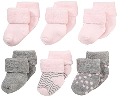 Nuby Baby Girl Infant/Newborn 6-Pack Super Soft Terry Sock Booties, 0-6 Months, Pink/Grey